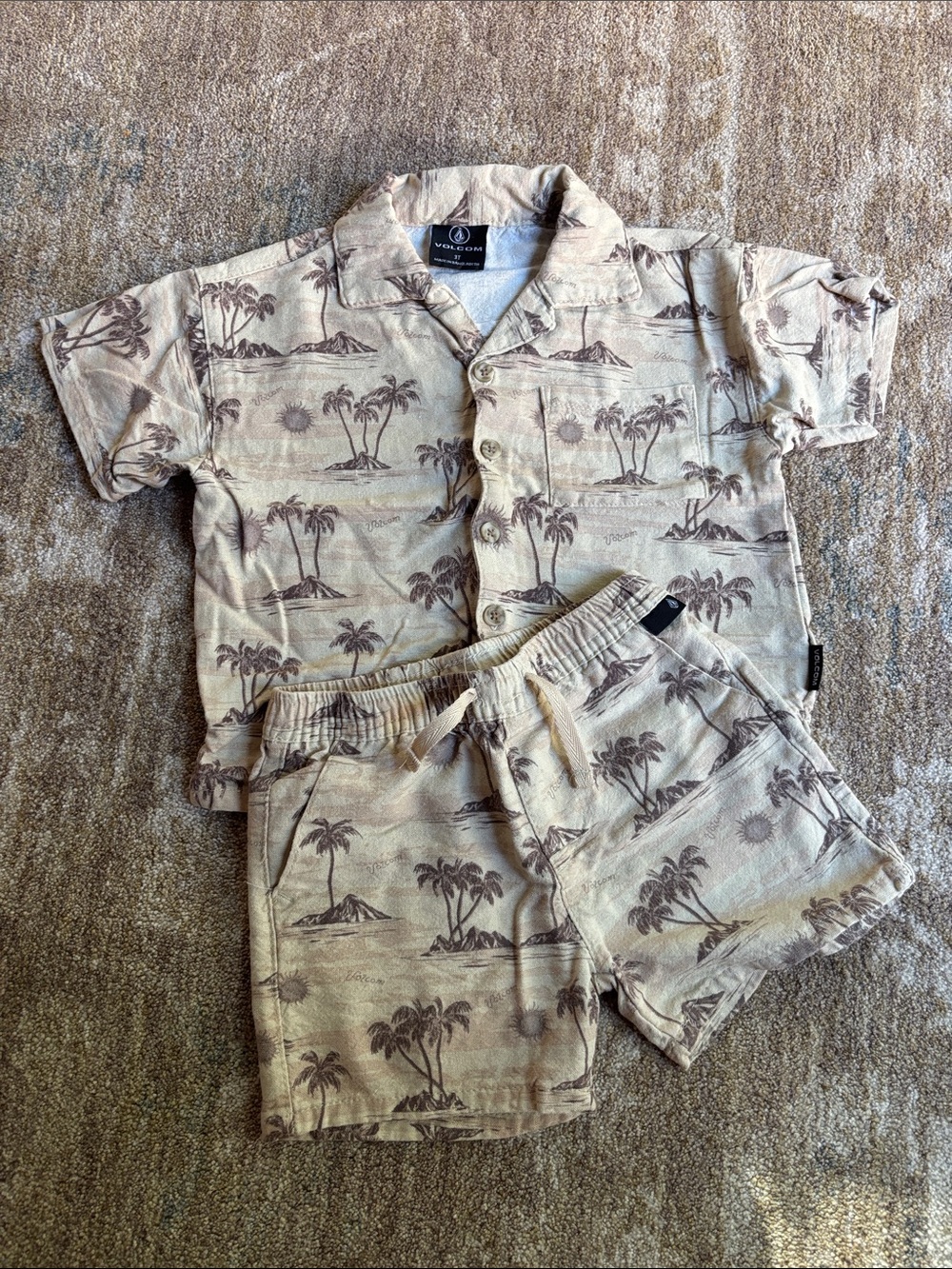 Volcom Beige and Brown Palm-Print Kids Linen blend Set